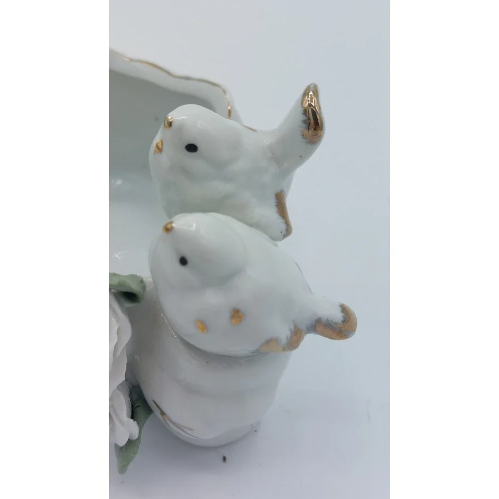 Vtg Porcelain Trinket Dish Planter Dove Birds Raised Flowers White Gold Trim